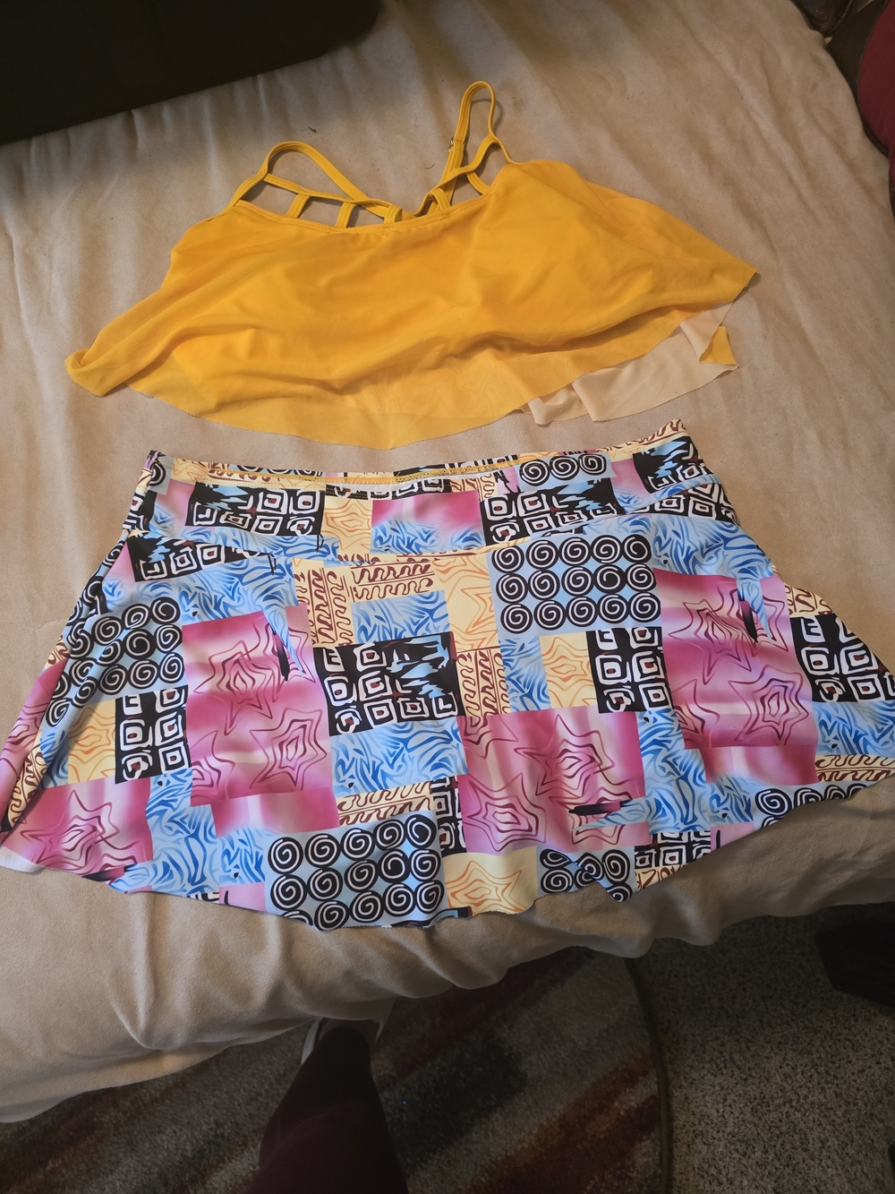 Vibrant Patchwork Print Flared Skirt - Yellow Top Bathing Suit